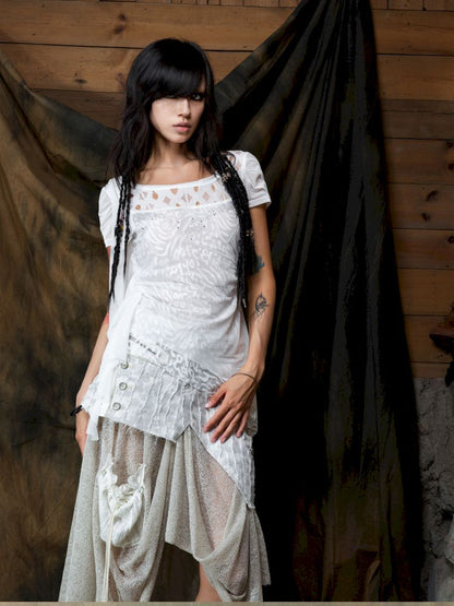 Patchwork Versatile Mesh Asymmetric Skirt【s0000013898】