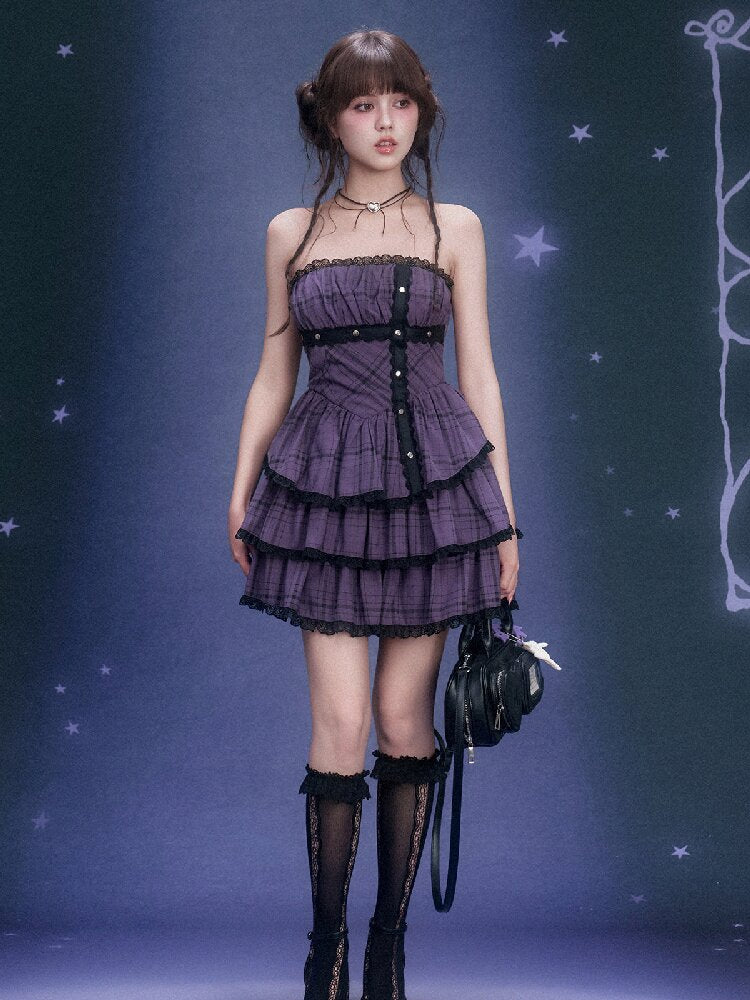 Purple Plaid Bandeau Cake Dress【s0000015757】