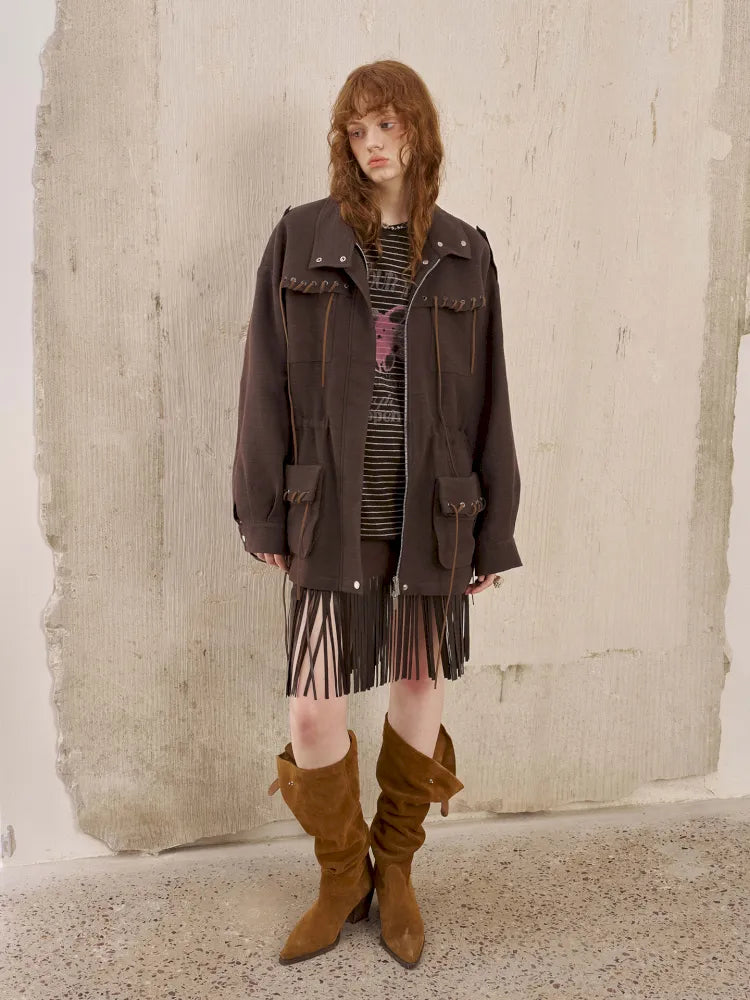 Embroidery Fringe Short Leather Skirt【s0000014045】