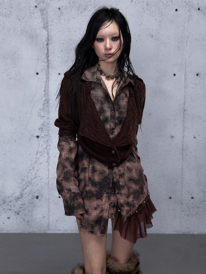 Check Knit Fake Two Piece Shirt【s0000015547】