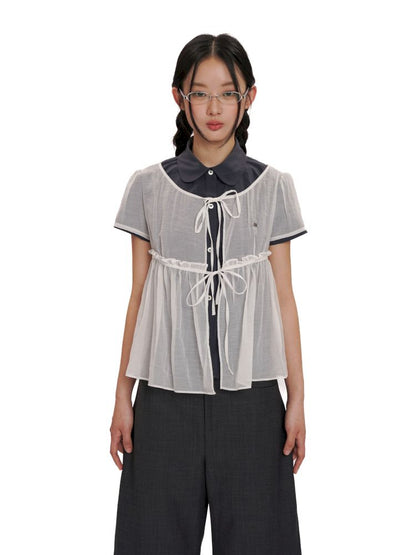 Lace Bottom Hem Slim Short Sleeve Shirt【s0000012487】