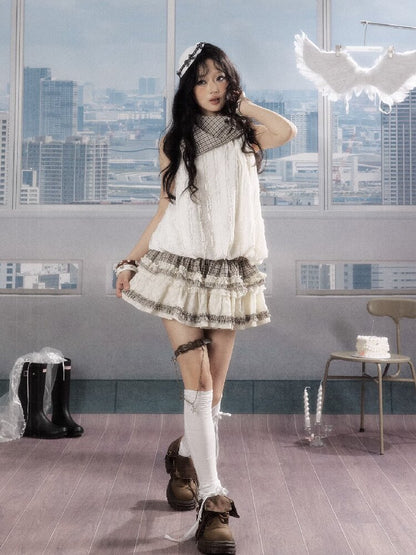 Plaid Ruffled Lace Short Sleeve Top【s0000016537】