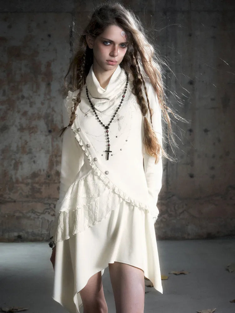 Asymmetric Collar Long-Sleeve Dress【s0000013960】