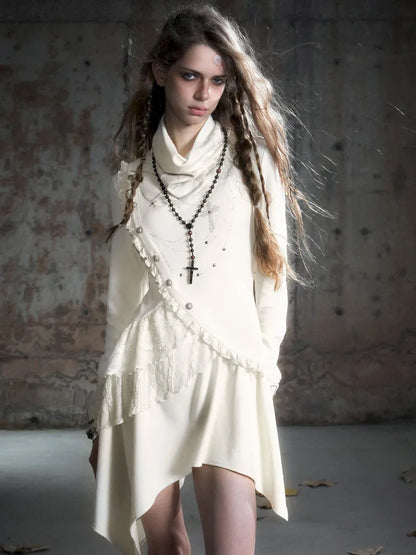 Asymmetric Collar Long-Sleeve Dress【s0000013960】