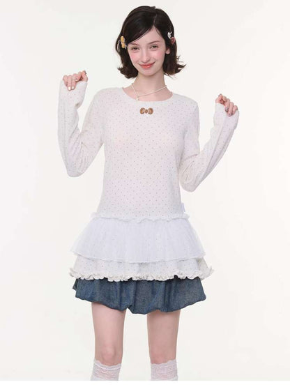 Lace Pleated Polka Dot Top【s0000015429】