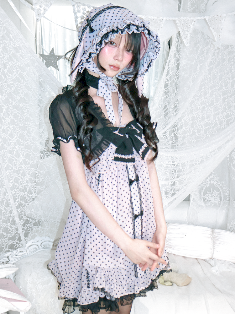 Polka dot strapless dress/chiffon bow jacket【s0000012689】