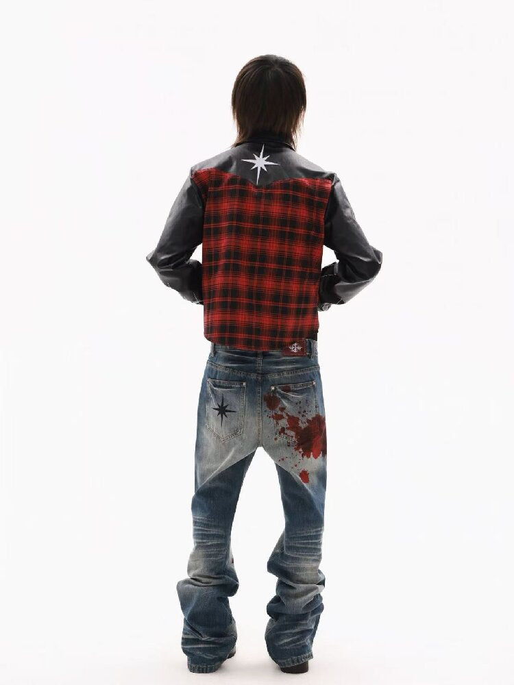 Embroidery Slogan Plaid Leather Jacket【s0000018353】