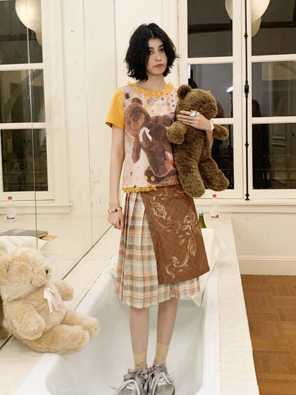 Plaid Flower Pleated Spliced Skirt【s0000015465】