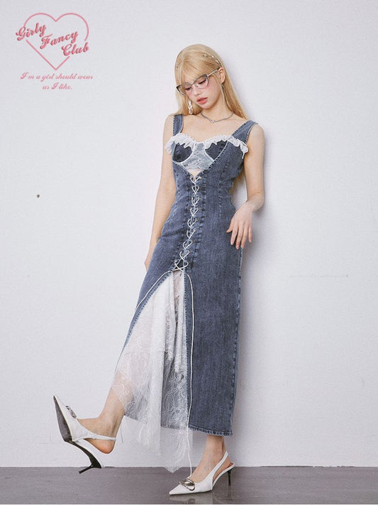 Lace Splicing Lace Tie Slim Split Denim Long Skirt【s0000007851】