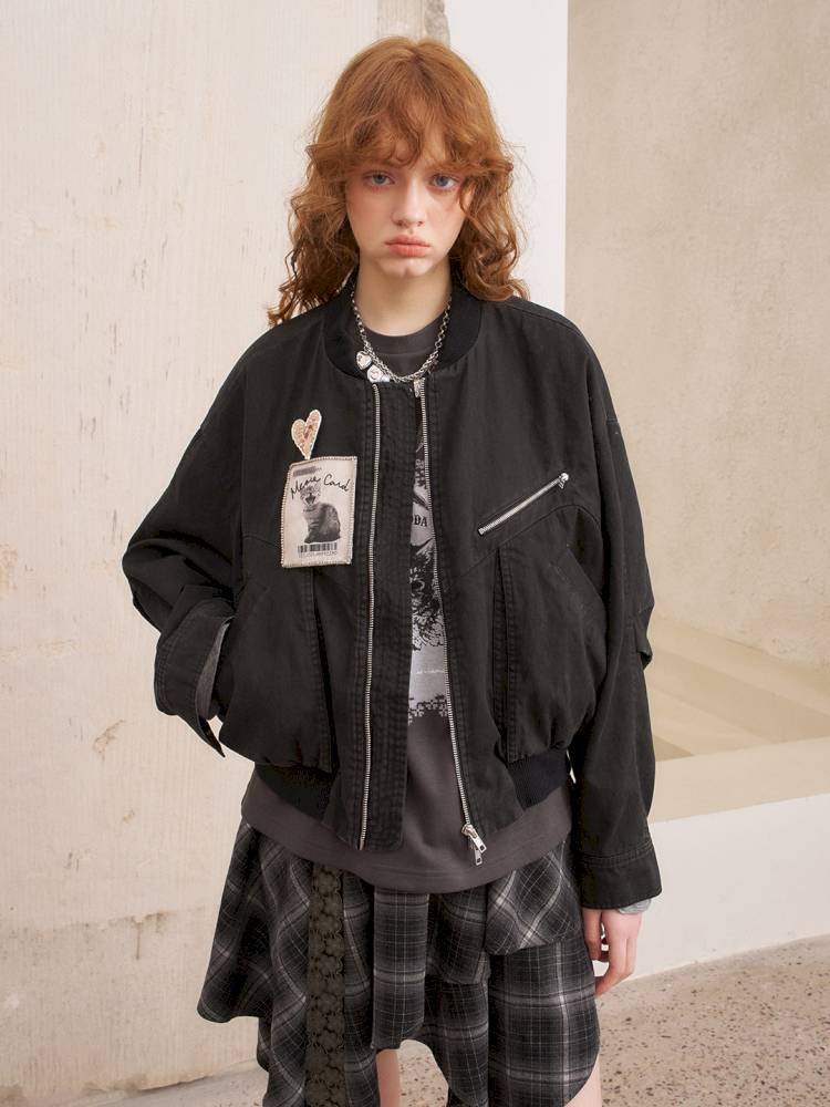 Kitten badge washed flight jacket【s0000014383】