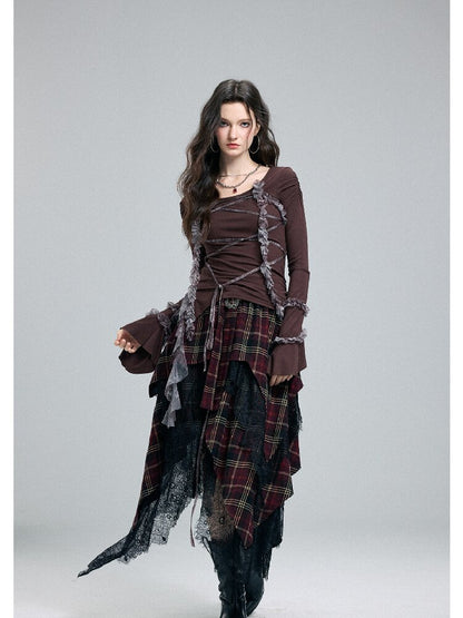 Damaged Plaid Lace Irregular Skirt【s0000016263】