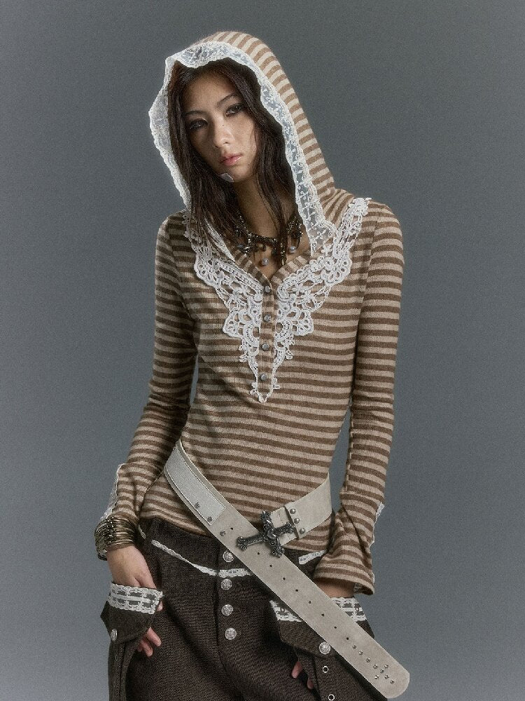 Lace Patchwork Striped Knit Top【s0000019240】