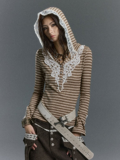 Lace Patchwork Striped Knit Top【s0000019240】
