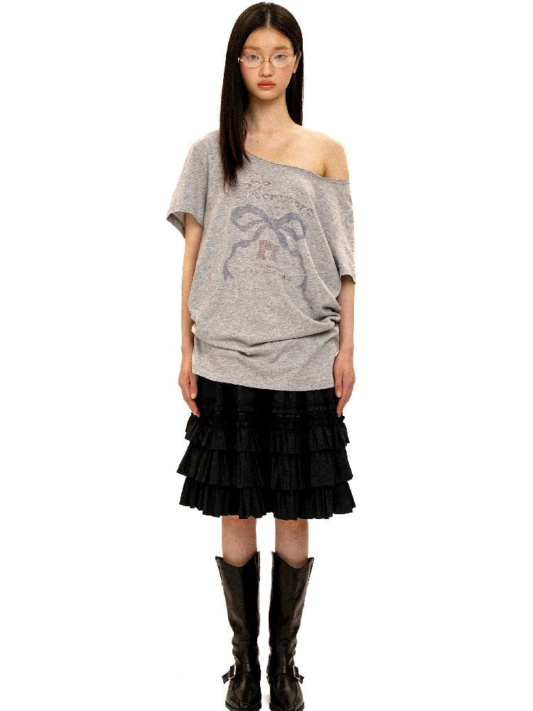 Bow Print Diamond Distressed Tee【s0000016425】