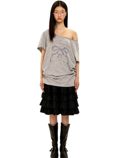 Bow Print Diamond Distressed Tee【s0000016425】