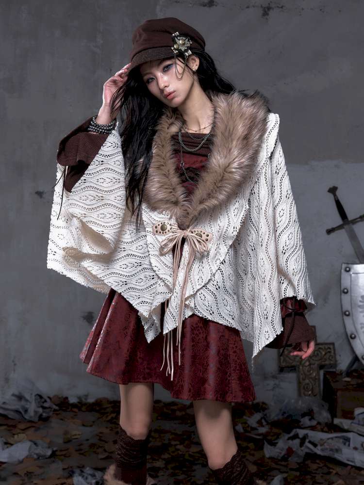 Knit Fur Collar Shawl Cape【s0000014659】