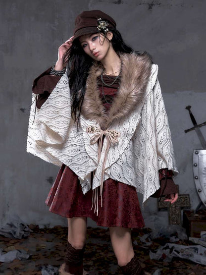Knit Fur Collar Shawl Cape【s0000014659】