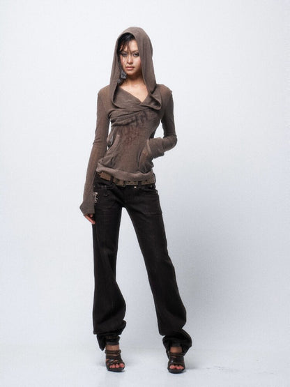 Two-Tone Crossover Print Hooded Top【s0000016062】