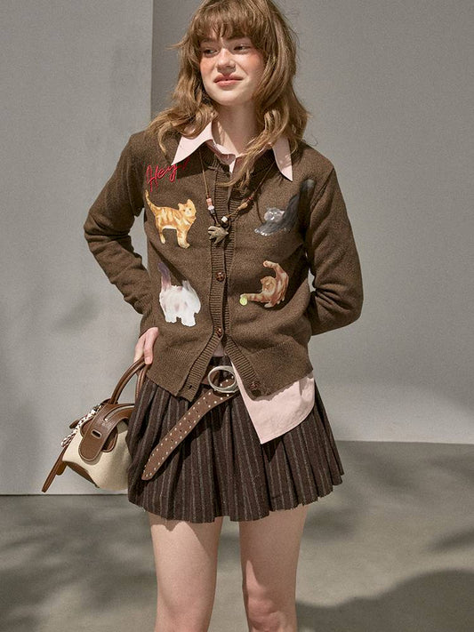 Playful Kitten Print Knit Cardigan【s0000014395】