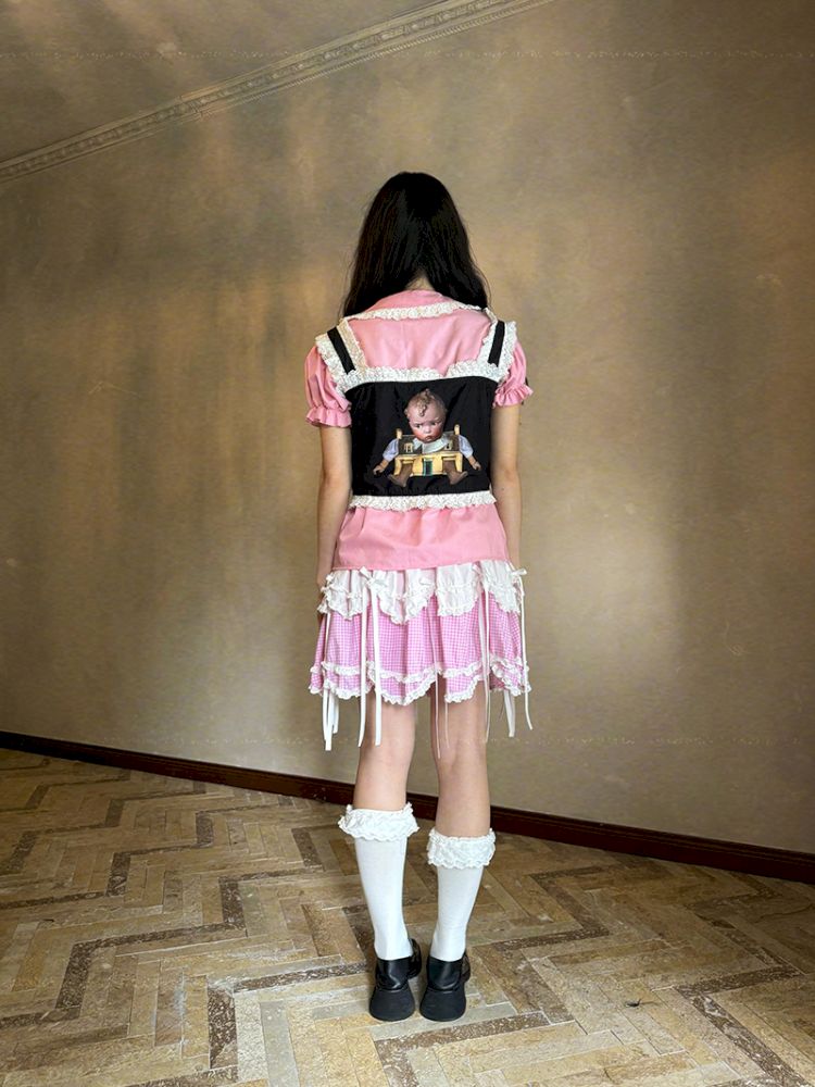 Cute doll print lace bow vest【s0000012760】