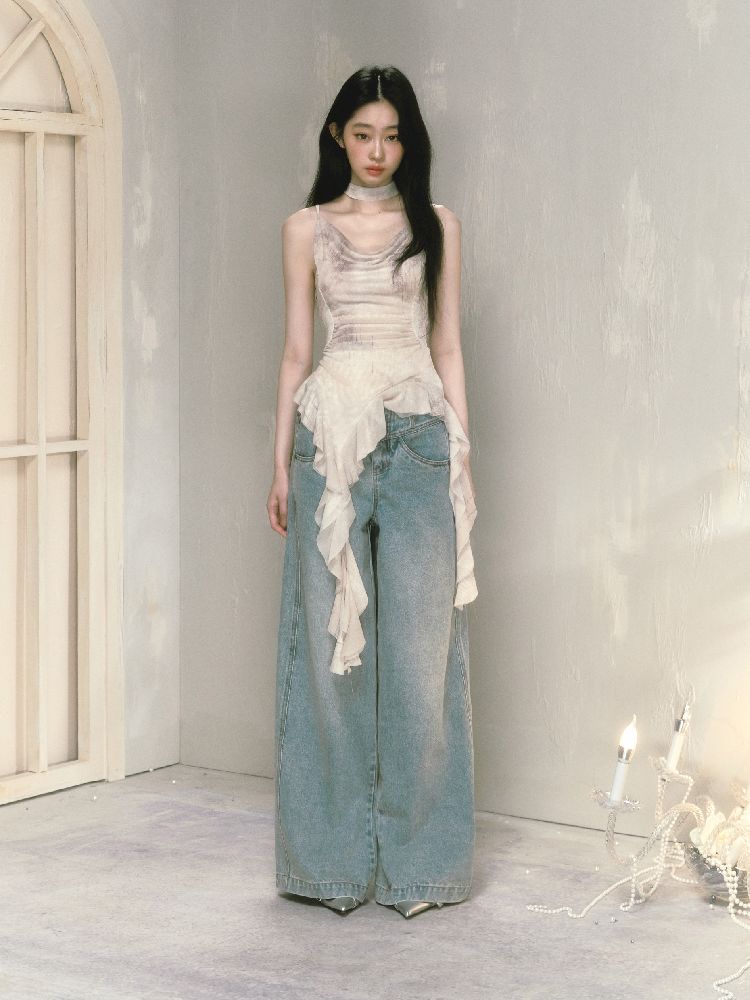 Wide-leg broken holes micro-laundry jeans【s0000012140】