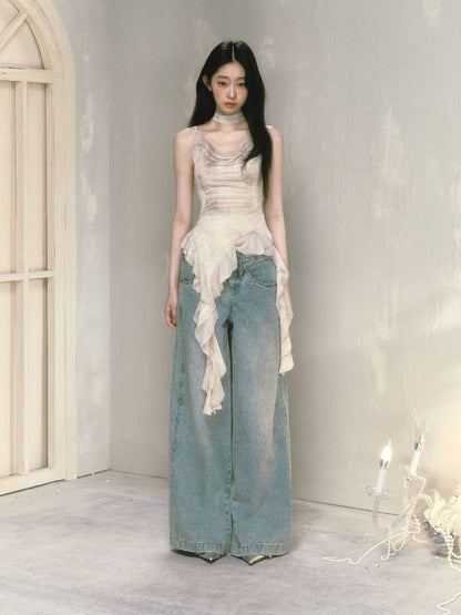 Wide-leg broken holes micro-laundry jeans【s0000012140】