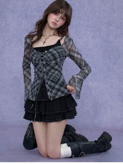 Gray Checkered Tie Wide Neckline Top【s0000017281】