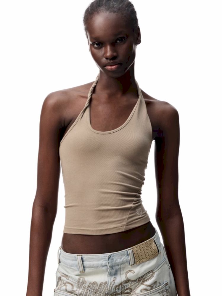 Slant U Neck Button Knot Solid Color Camisole【s0000012394】