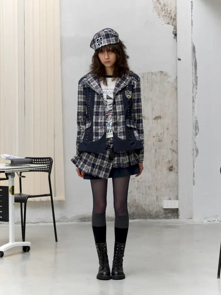 College Punk Badge Plaid Blazer【s0000014204】