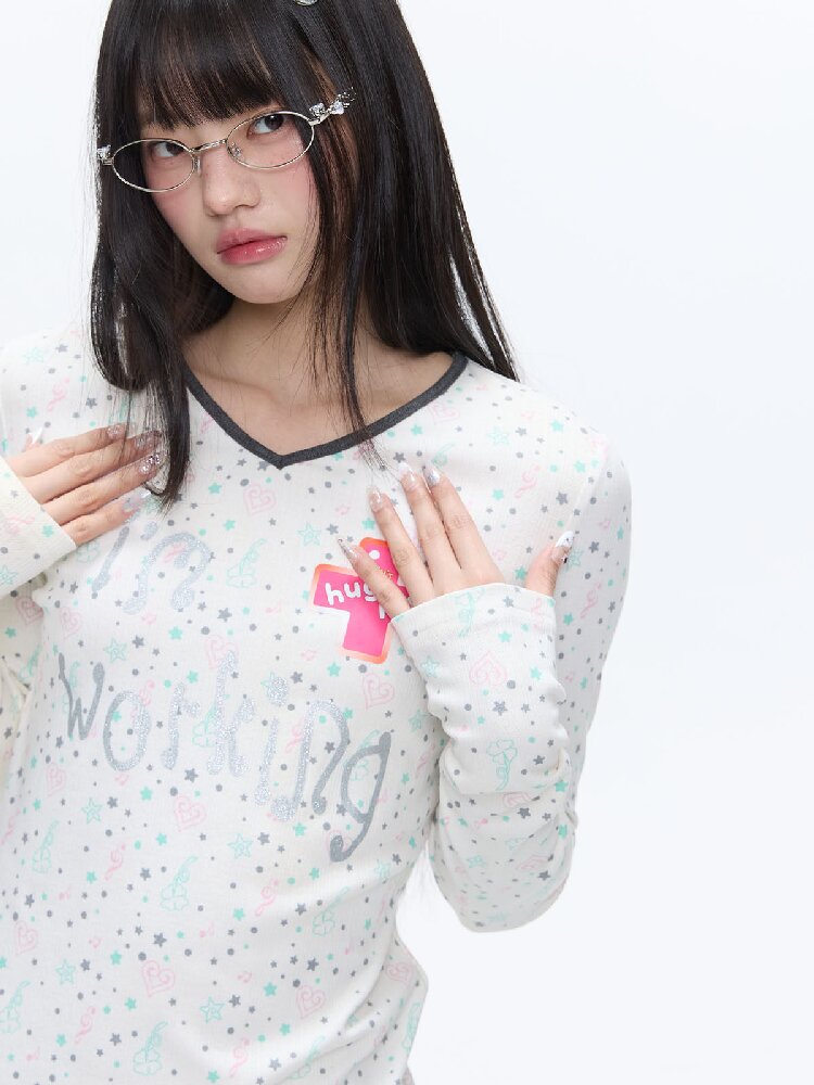 Full Print V Neck Long Sleeve Top【s0000016406】