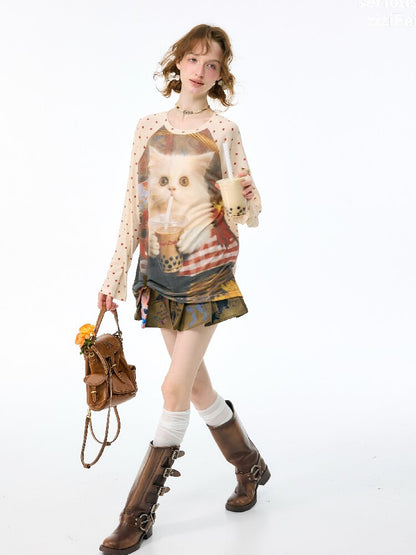 Raglan Cat Print Long Sleeve Top【s0000017886】