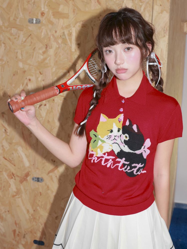 Two-Tone Kitten Knit Short-Sleeve Polo Shirt【s0000013925】