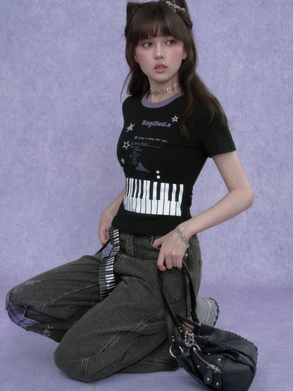 Piano Keys Music Print T-shirt【s0000017273】
