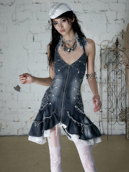 Court Embroidered Denim Mermaid Dress【s0000016983】