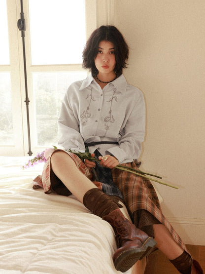 Suede Embroidered Lantern Sleeve Top【s0000015461】