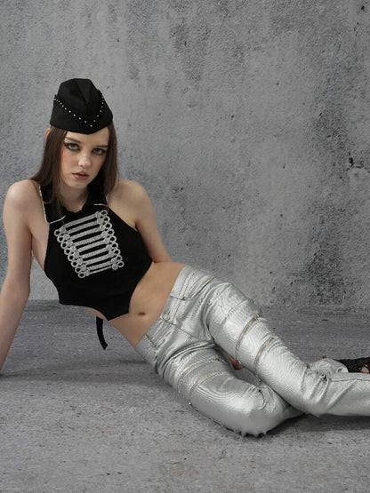 Silver Coated Studded Zip Pants【s0000016946】