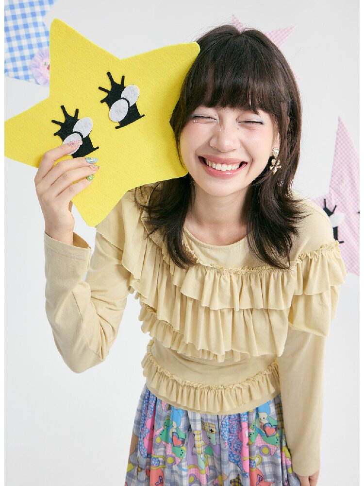 Yellow Pleated Off Shoulder Base T-Shirt【s0000018371】