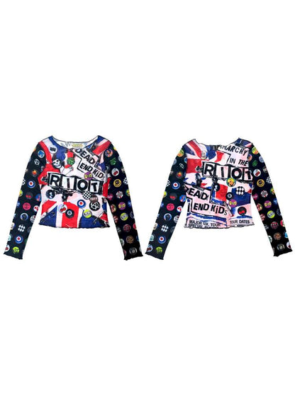 Y2K Millennium Print Long Sleeve Mesh Top【s0000014915】