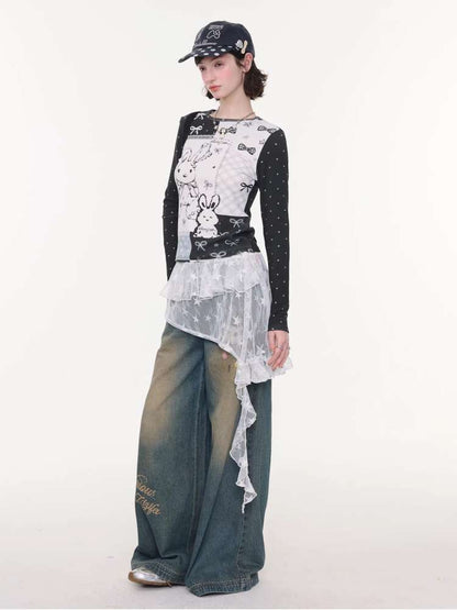 Rabbit Print Bow Contrast Top【s0000015433】