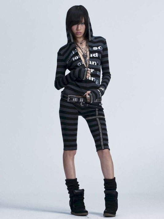 Black Gray Striped Stud Top Set【s0000014667】
