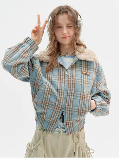 모피 칼라 슬림 블루 격자 무늬 짧은 코트 [S0000011507]