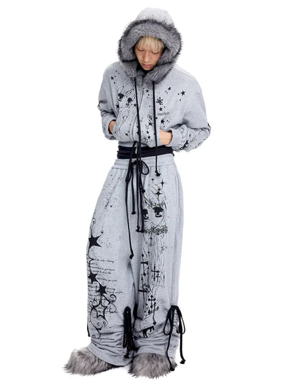 Doodle Print Puffy Drawstring Sweatpants【s0000014092】