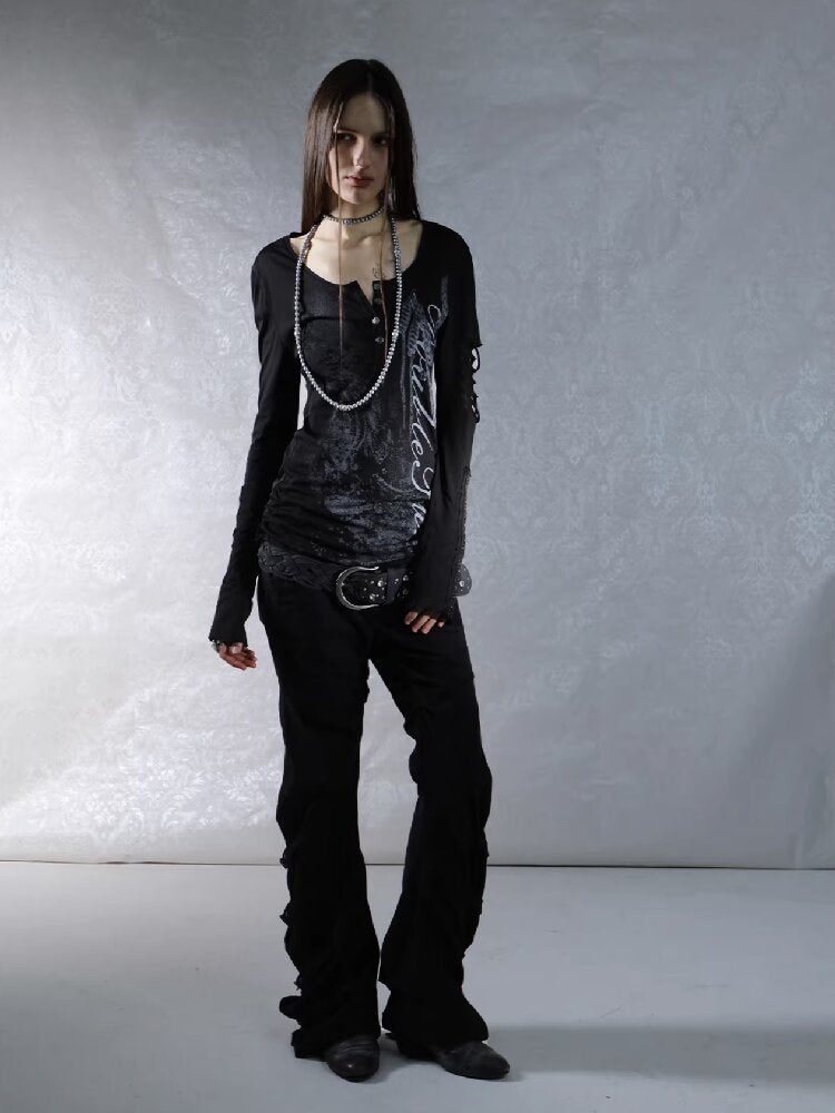 Long Sleeved Ripped Punk Print Tee【s0000015912】