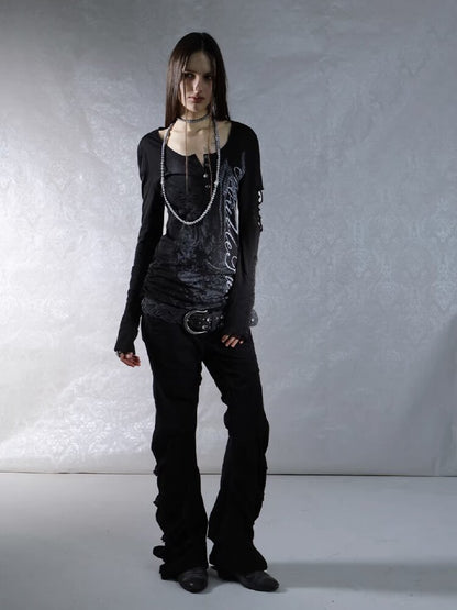 Long Sleeved Ripped Punk Print Tee【s0000015912】