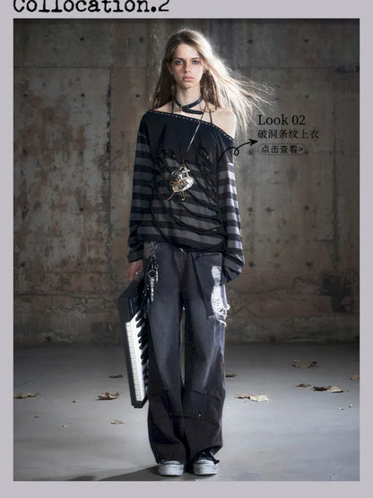 Distressed Wide-Leg Jeans【s0000013958】