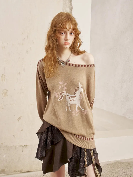 Off-the-shoulder poncho print knit sweater【s0000014063】