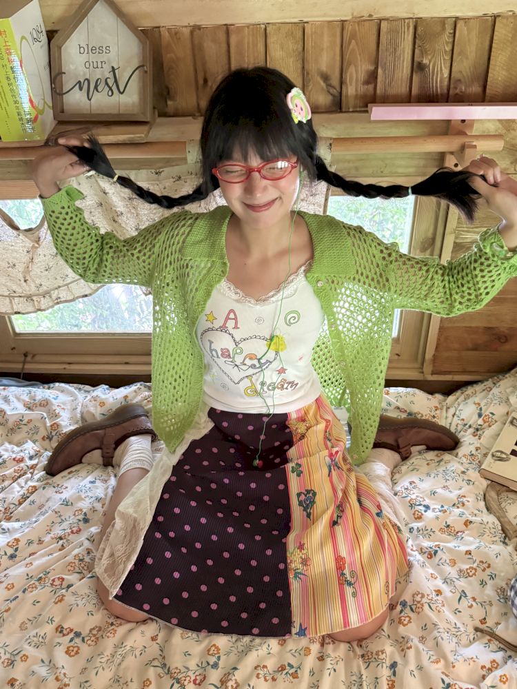 Patchwork lace print polka dot pleated skirt【s0000012769】