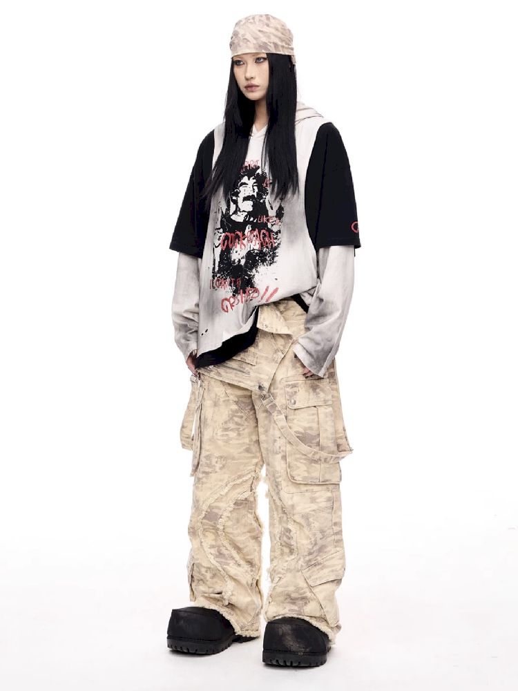 Multi-Pocket Raw Edge Workwear Bib Pants【s0000011367】