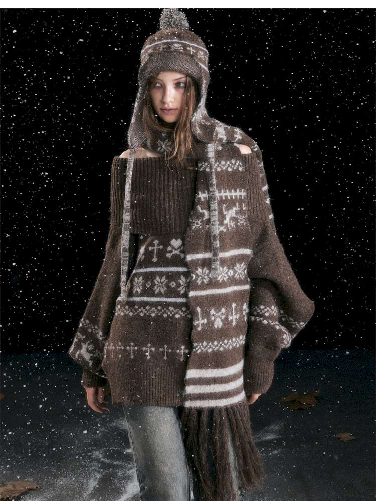 Striped Snowflake Ear Protection Beanie【s0000014672】