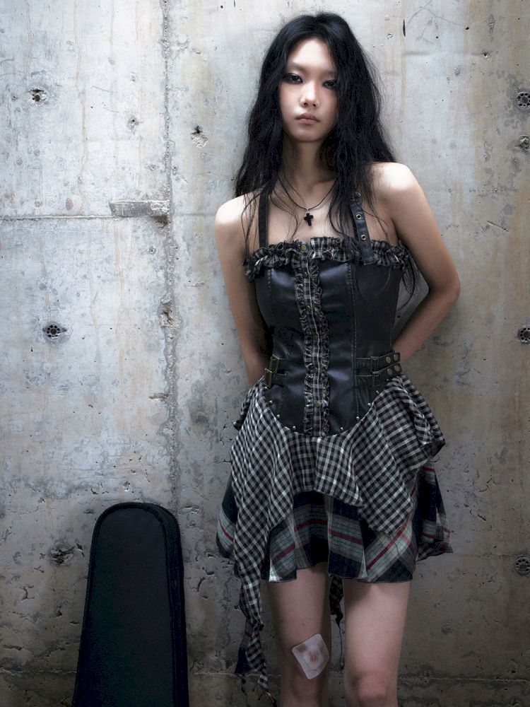 Patchwork Lattice Waisted Dress【s0000013889】